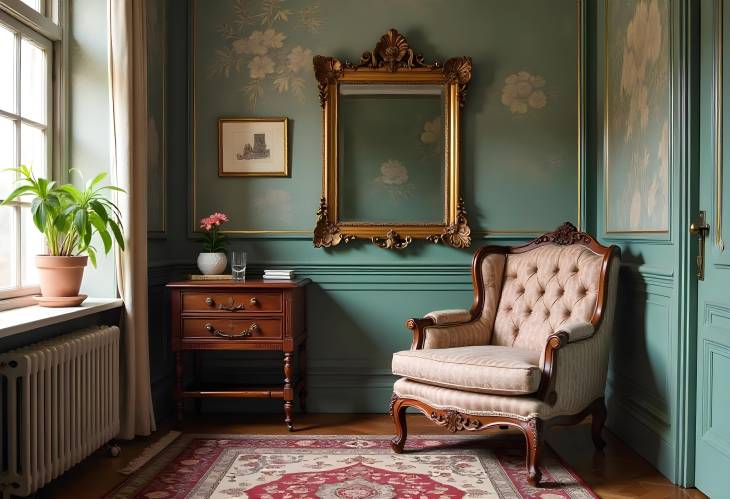 Artful Spaces Antique Mirror and Chair in a Vintage Room